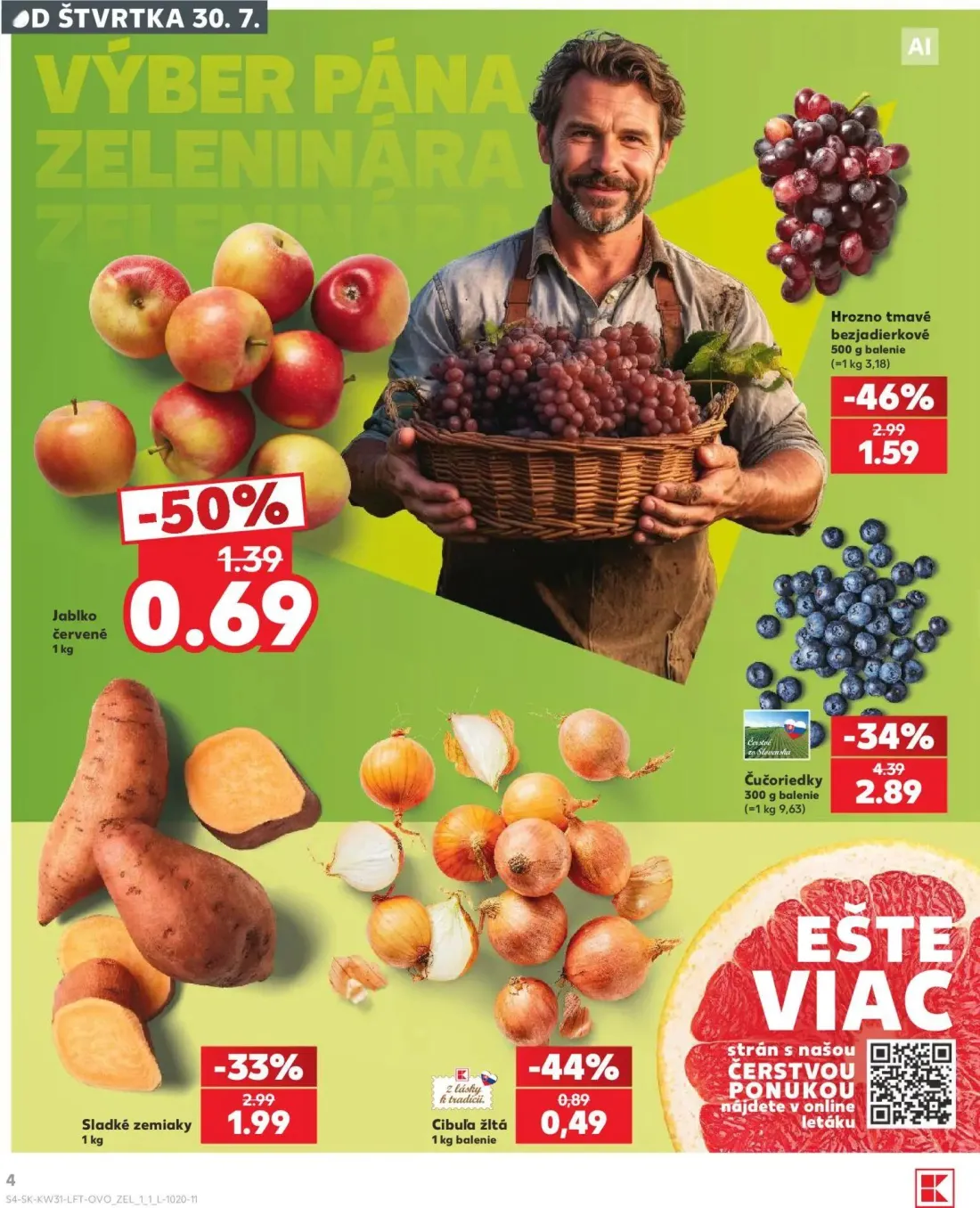 Kaufland leták, strana 4 z 74 — Čučoriedky, Hrozno tmavé bezjadierkové, Sladké zemiaky