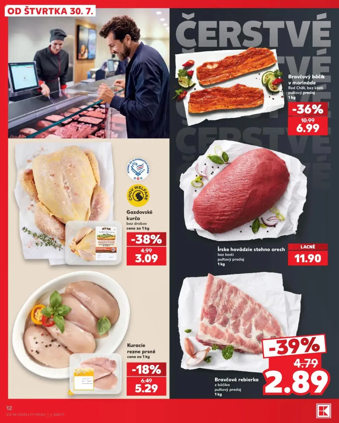Kaufland leták, strana 12 z 74 — Bravčový bôčik v marináde Red Chilli, bez kosti, Gazdovské kurča bez drobov, Bravčové rebie…