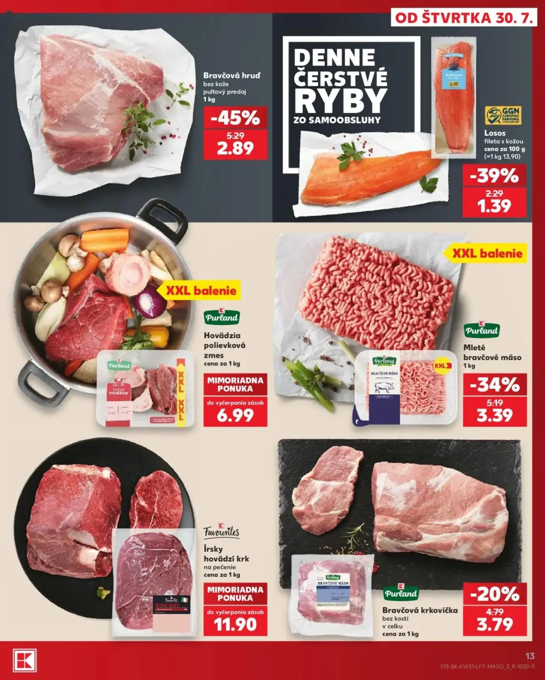 Kaufland leták, strana 13 z 74 — Bravčová hruď bez kože, Mleté bravčové mäso, Bravčová krkovička bez kosti v celku