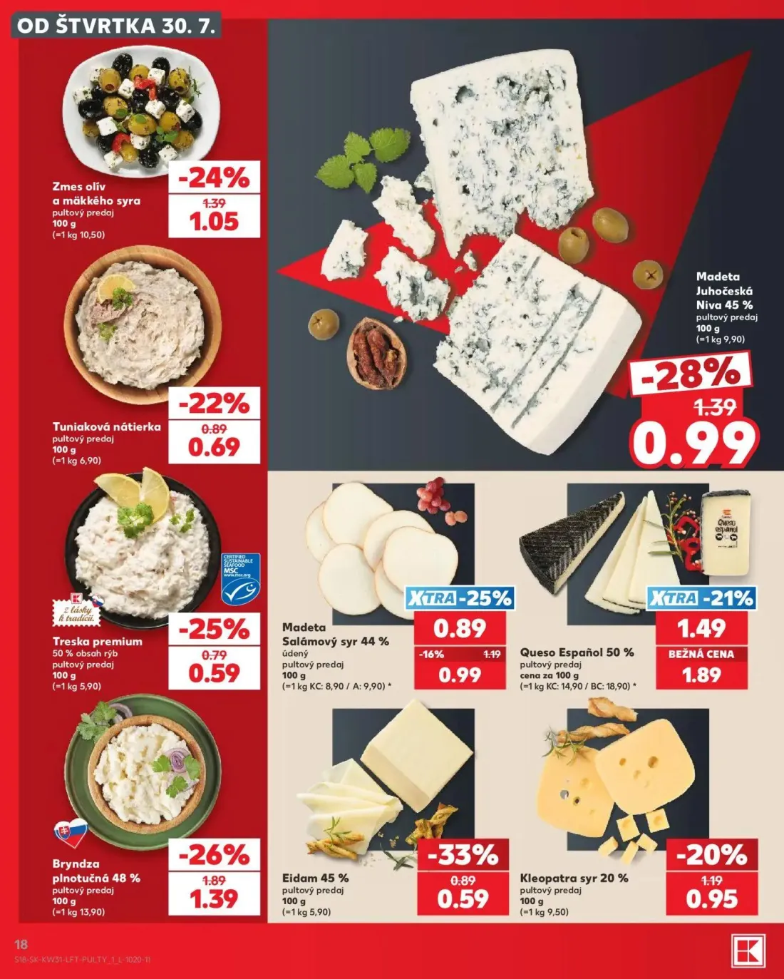 Kaufland leták, strana 18 z 74 — Bryndza plnotučná 48%, Madeta Juhočeská Niva 45%, Queso Español 50%