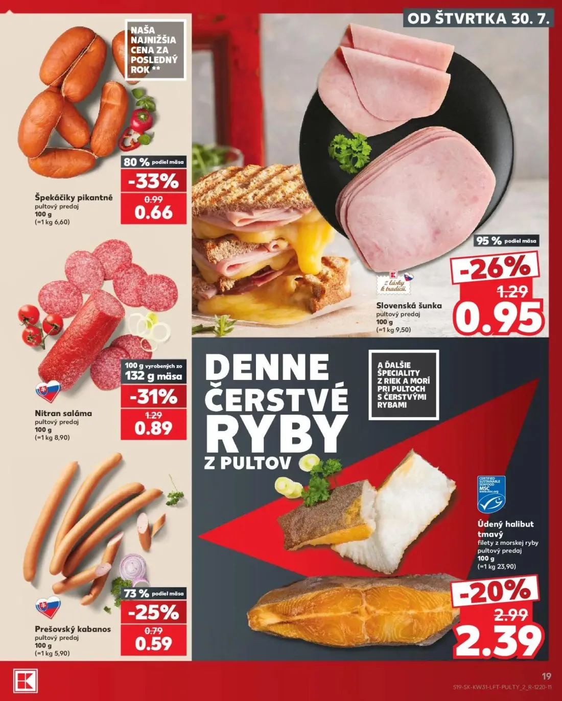 Kaufland leták, strana 19 z 74 — Údený halibut tmavý, Nitran saláma, Slovenská šunka