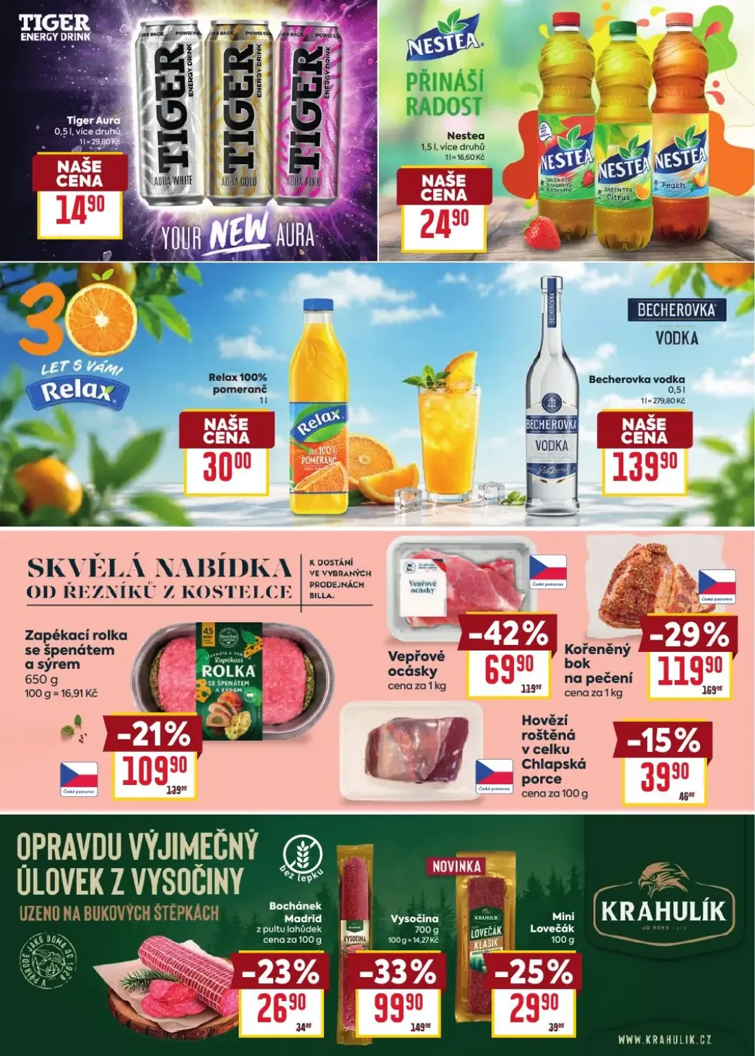 Billa leták, strana 25 z 38 — Vepřové ocásky, Kořeněný bok na pečení, Vysočina