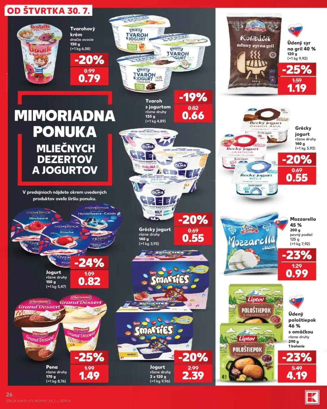 Kaufland leták, strana 26 z 74 — Údený pološtiepok, Jogurt Smarties, Pena