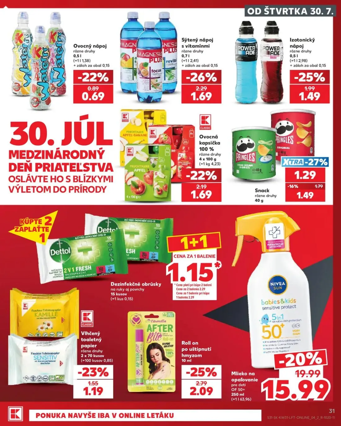 Kaufland leták, strana 31 z 74 — Mlieko na opaľovanie pre deti OF 50+, Dezinfekčné obrúsky na ruky aj povrchy, Roll on po uš…