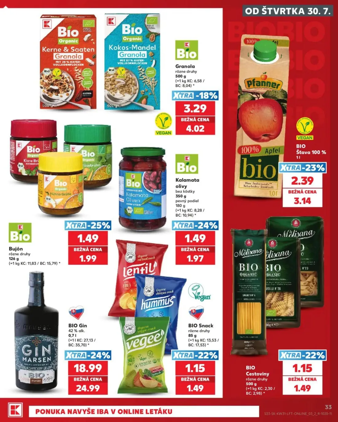 Kaufland leták, strana 33 z 74 — GIN MARSEN, BIO Šťava 100%, Granola