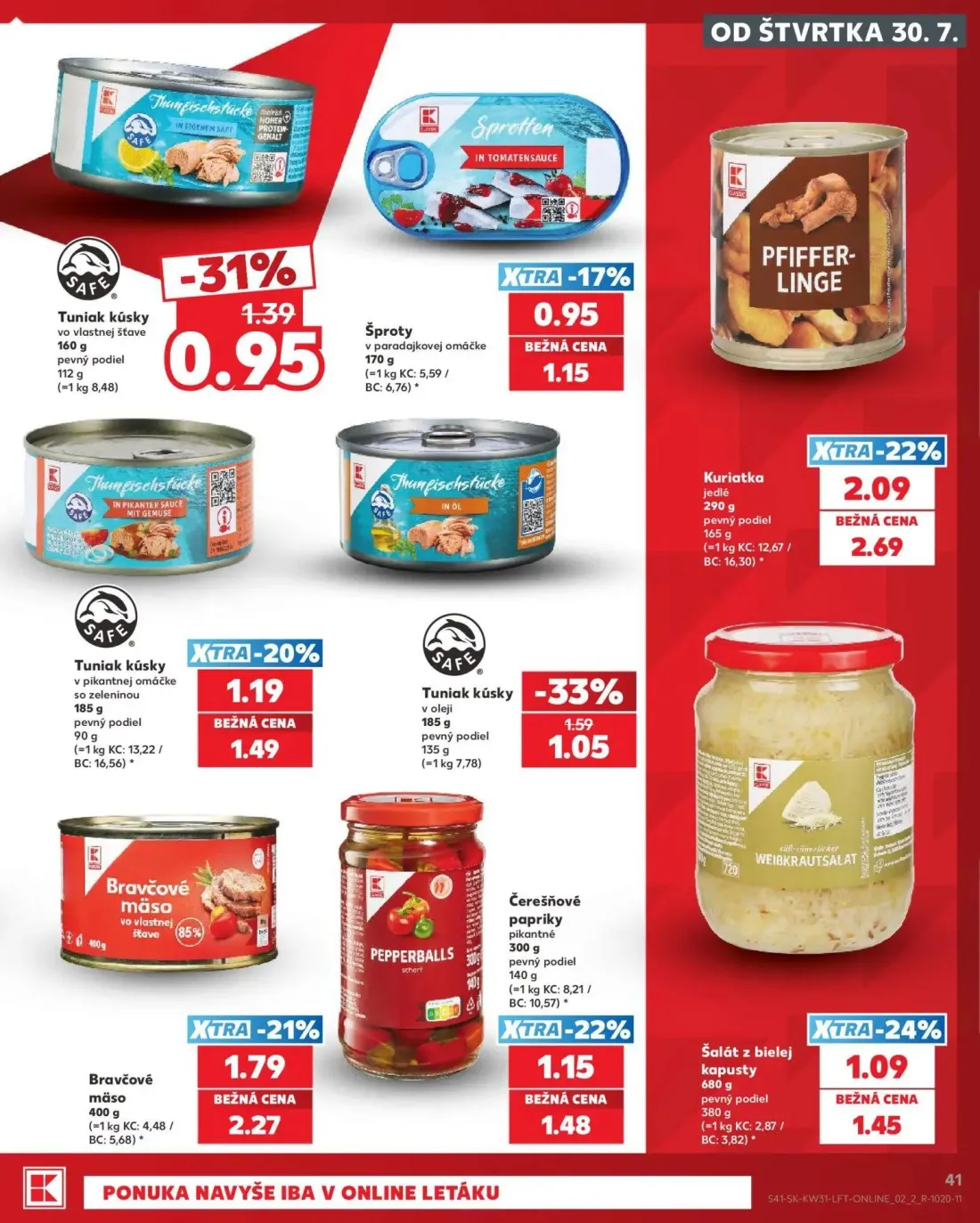 Kaufland leták, strana 41 z 74 — Kuriatka jedlé, Tuniak kúsky v oleji, Bravčové mäso
