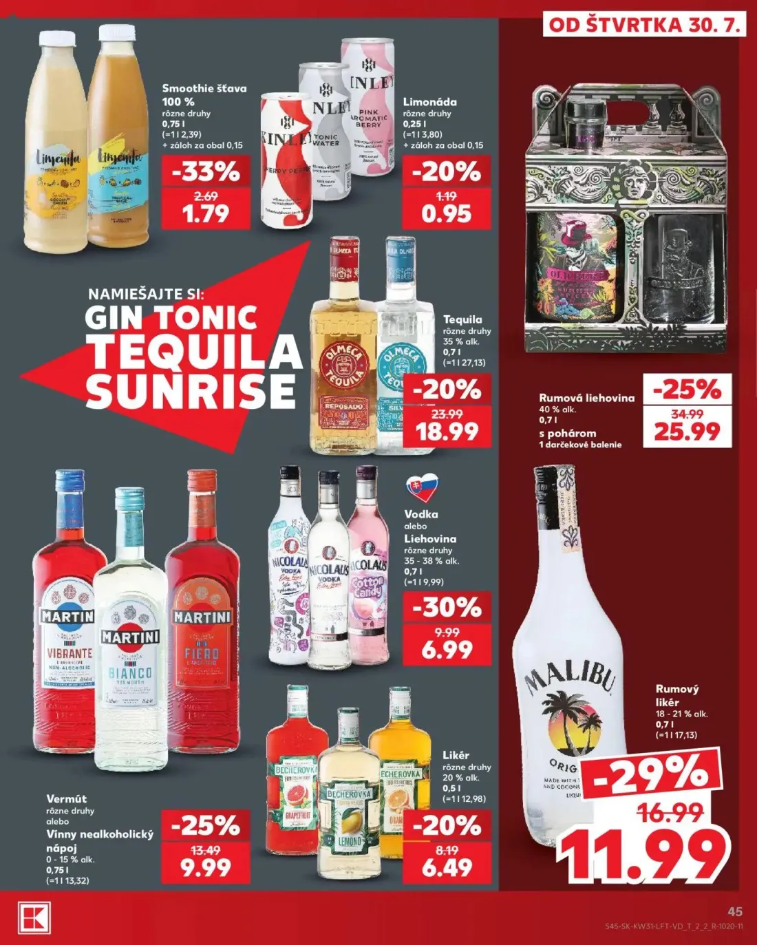 Kaufland leták, strana 45 z 74 — Rumová liehovina s pohárom, Tequila, Rumový likér Malibu