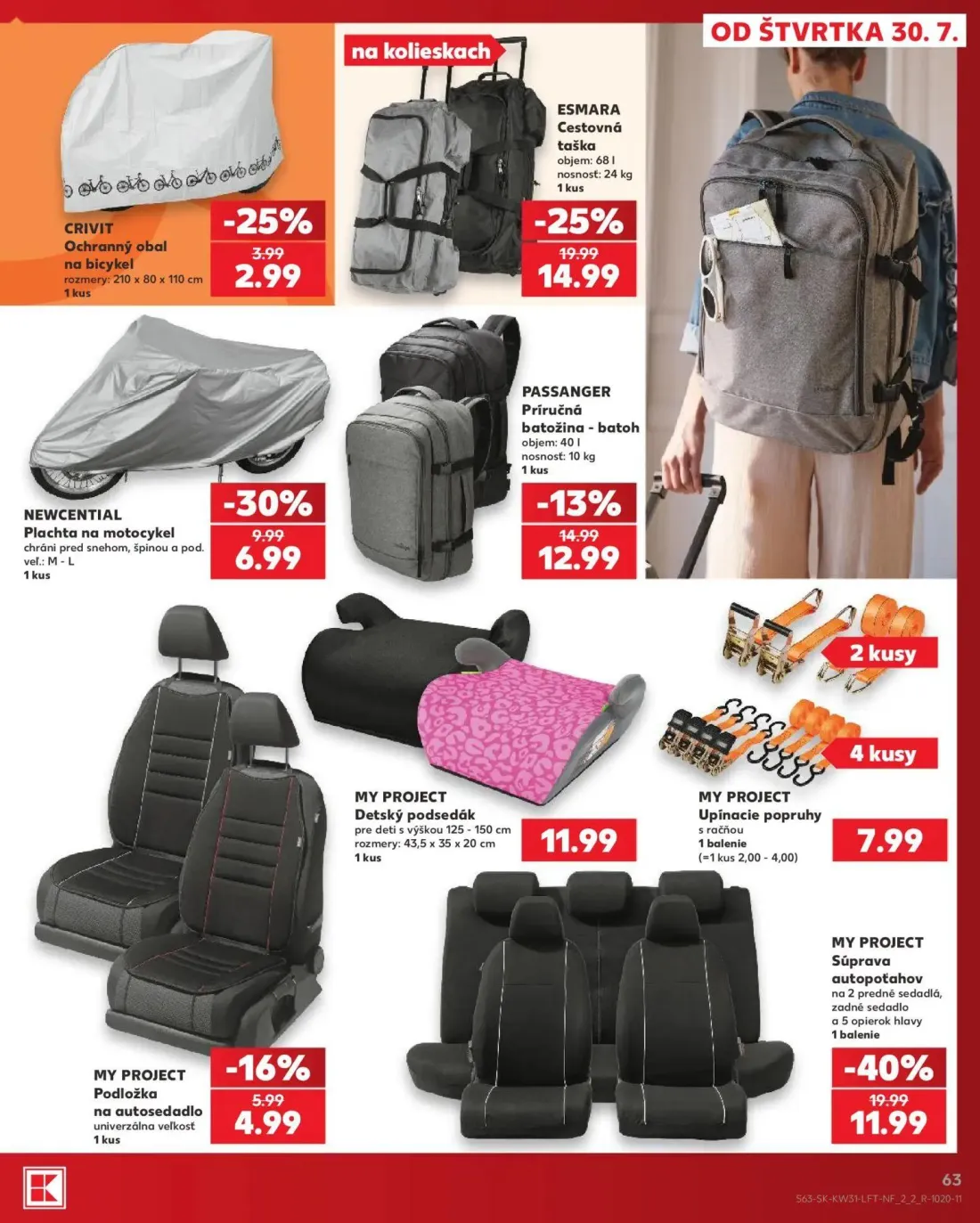 Kaufland leták, strana 63 z 74 — Súprava autopoťahov, Cestovná taška, Plachta na motocykel