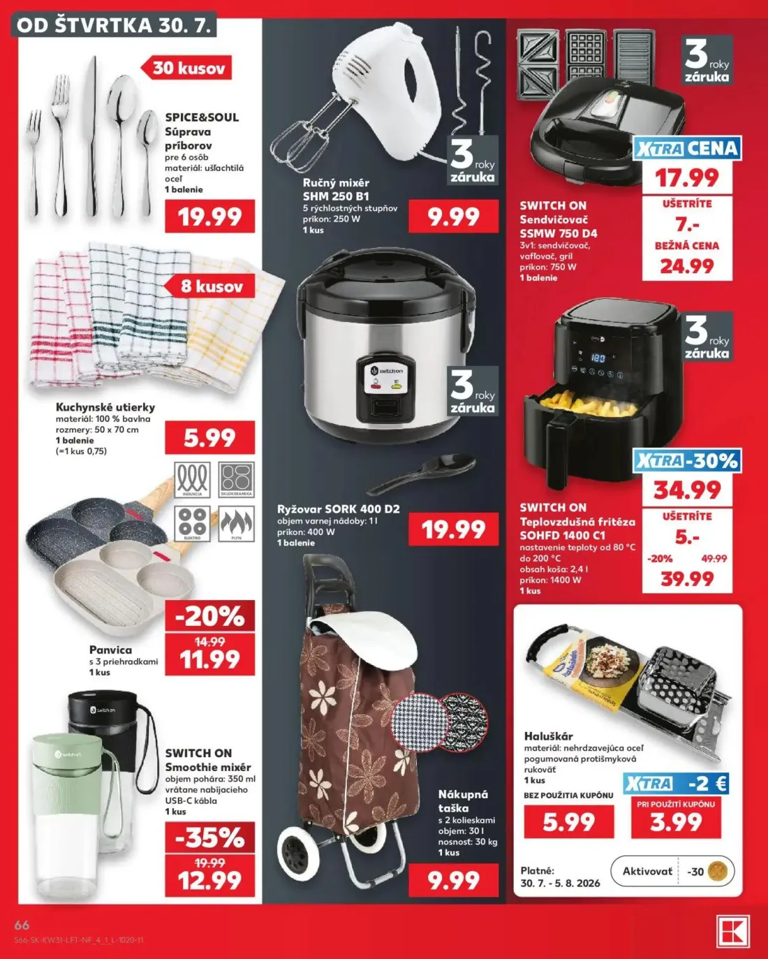 Kaufland leták, strana 66 z 74 — SWITCH ON Teplovzdušná fritéza SOHFD 1400 C1, SWITCH ON Sendvičovač SSMW 750 D4, SWITCH ON …