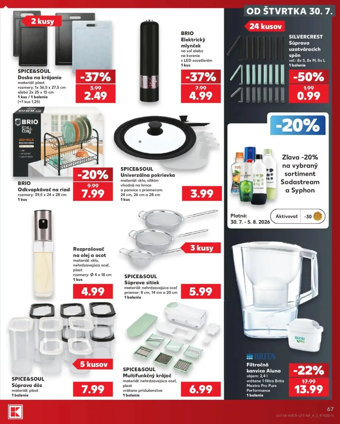 Kaufland leták, strana 67 z 74 — Filtračná kanvica Aluna, Elektrický mlynček, Odkvapkávač na riad