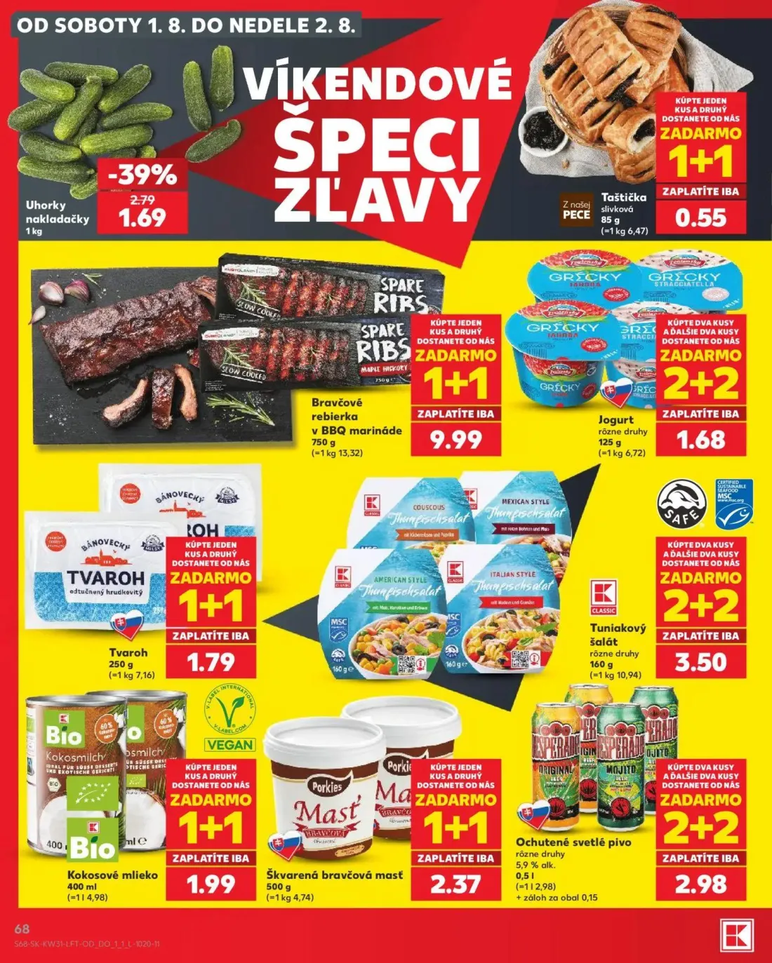 Kaufland leták, strana 68 z 74 — Uhorky nakladačky, Taštička slivková, Bravčové rebierka v BBQ marináde