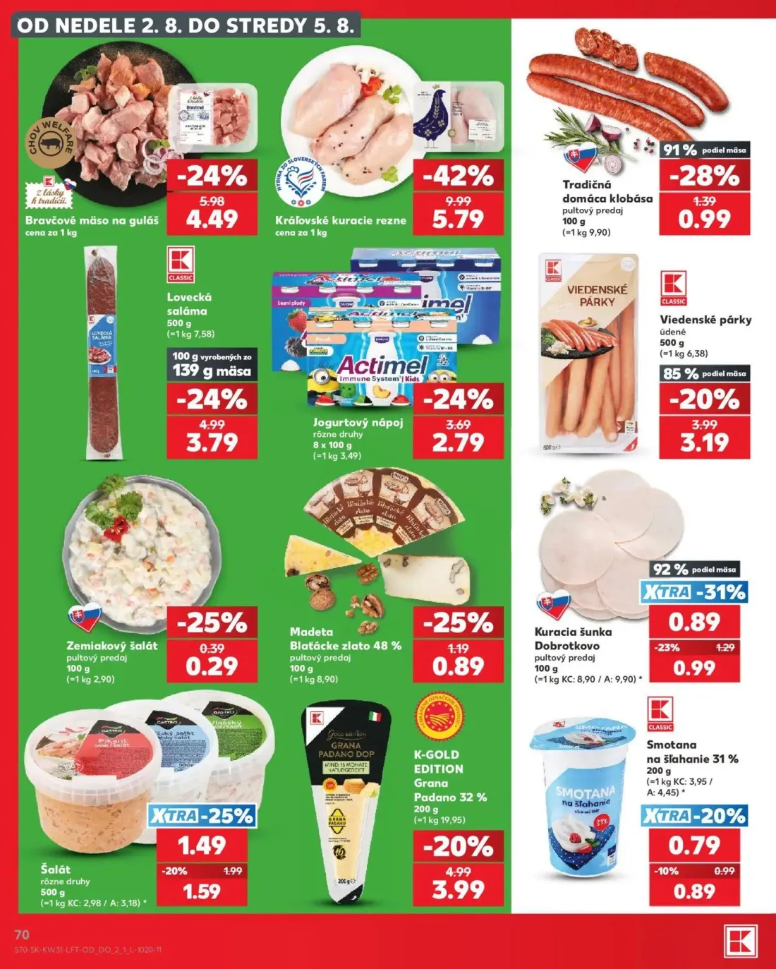 Kaufland leták, strana 70 z 74 — Kráľovské kuracie rezne, Bravčové mäso na guláš, Lovecká saláma