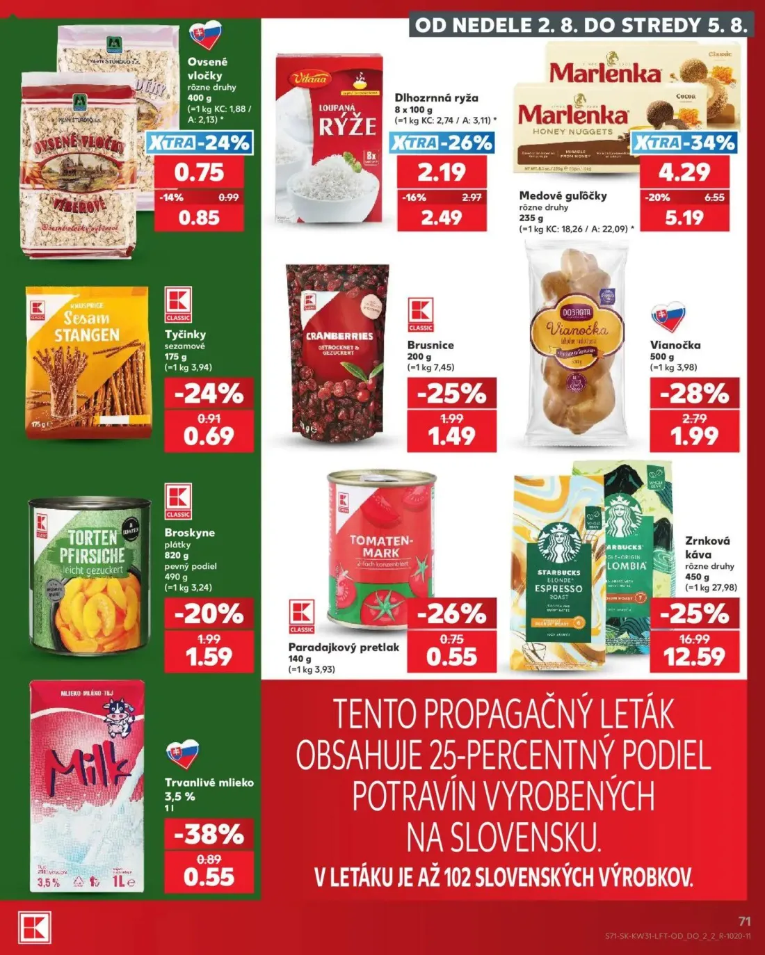 Kaufland leták, strana 71 z 74 — Zrnková káva, Medové guľôčky, Vianočka
