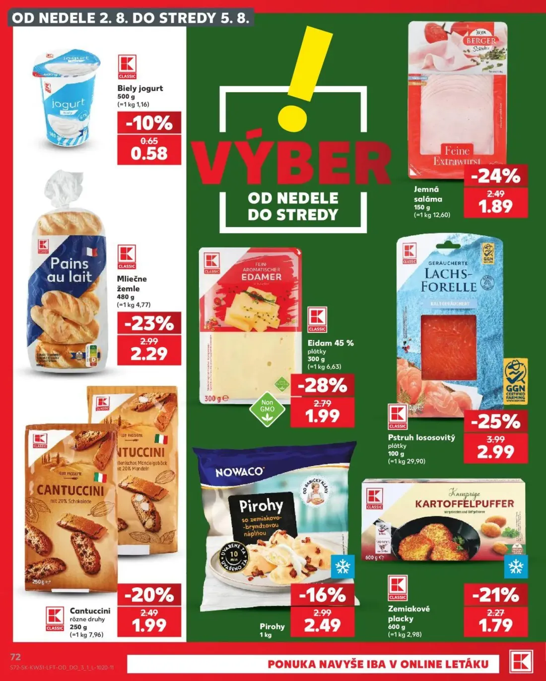 Kaufland leták, strana 72 z 74 — Pstruh lososovitý plátky, Eidam 45% plátky, Mliečne žemle