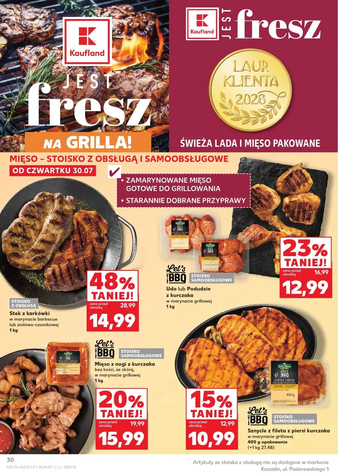 Kaufland gazetka, strona 30 z 68 — Stek z karkówki, Udo lub Podudzie z kurczaka, Mięso z nogi z kurczaka bez kości, ze skórą
