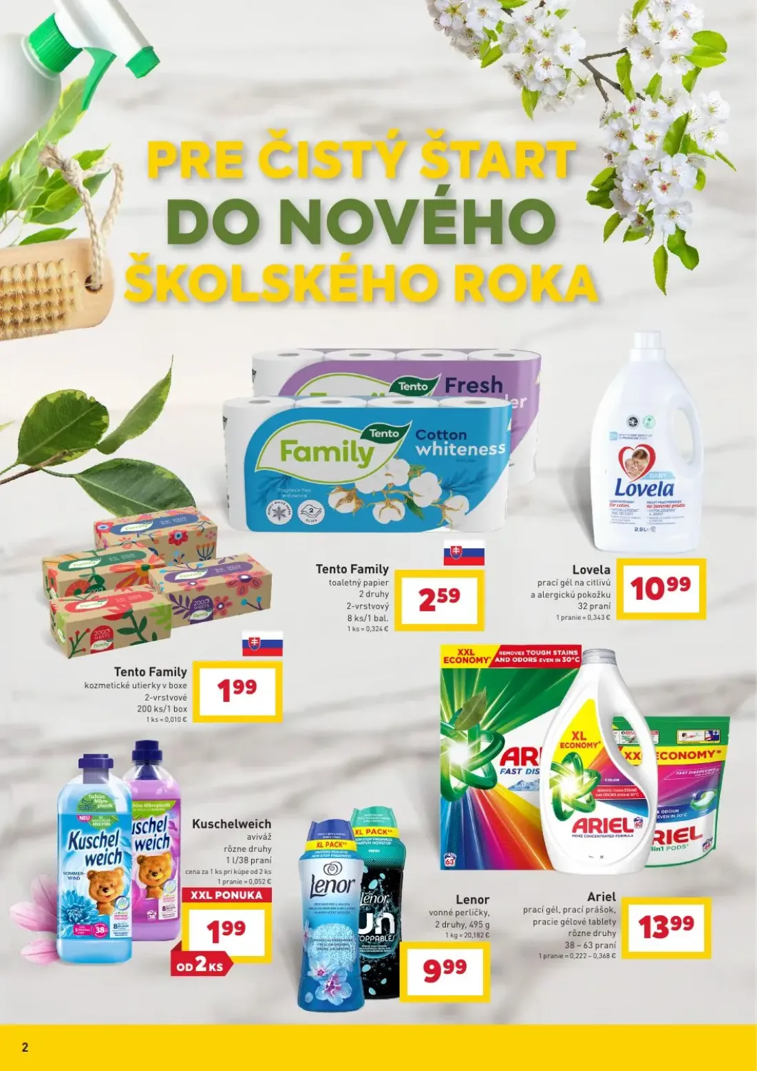 Billa leták, strana 2 z 11 — Tento Family kozmetické utierky v boxe, Tento Family toaletný papier, Lovela prací gél na citli…