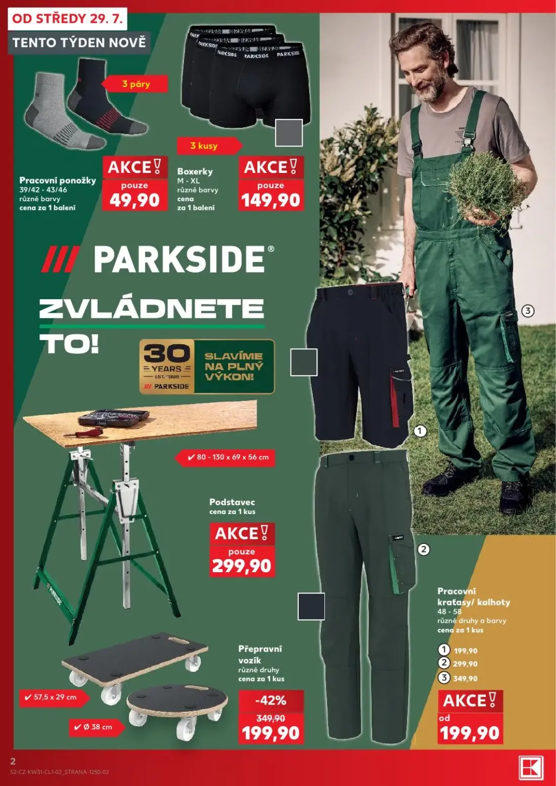 Kaufland leták, strana 2 z 14 — Přepravní vozík, Pracovní kraťasy/kalhoty, Pracovní ponožky