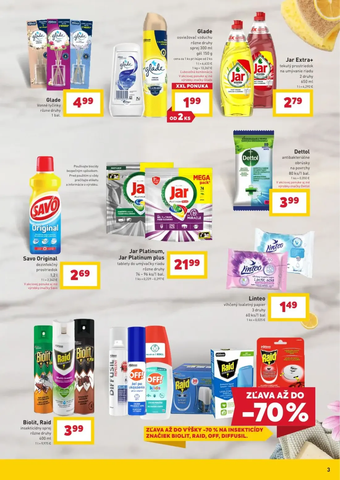 Billa leták, strana 3 z 11 — Glade Vonné tyčinky, Glade osviežovač vzduchu rôzne druhy sprej 300 ml gél 150 g, Jar Extra+ te…