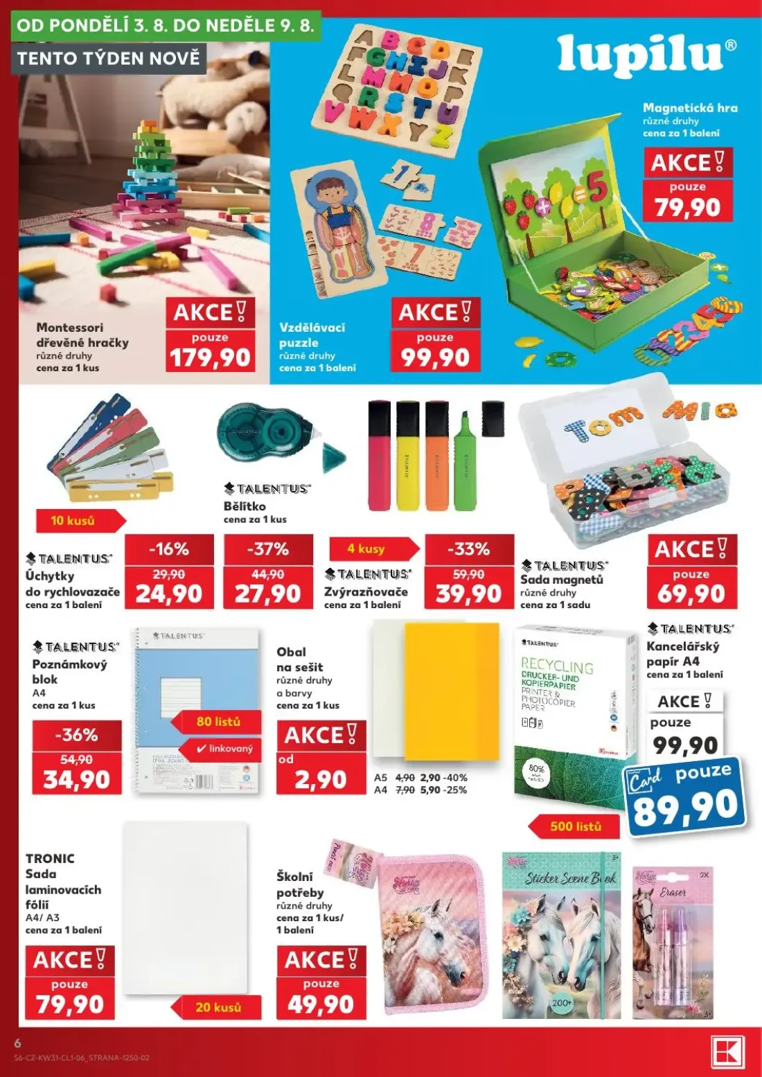 Kaufland leták, strana 6 z 14 — TALENTUS Zvýrazňovače, TALENTUS Poznámkový blok A4, TALENTUS Bělítko