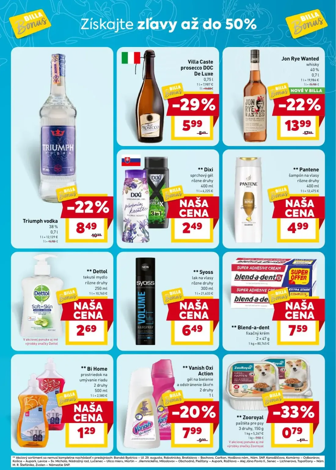 Billa leták, strana 7 z 7 — Jon Rye Wanted whisky, Triumph vodka, Villa Caste prosecco DOC De Luxe