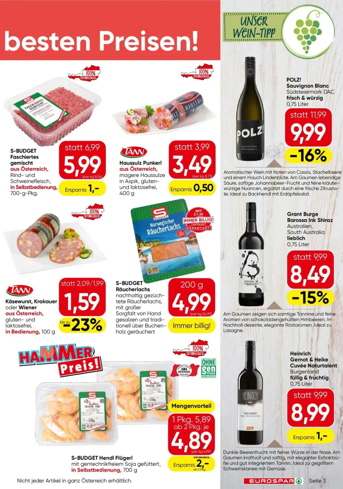 Eurospar Prospekt, Seite 3 von 16 — POLZ! Sauvignon Blanc Südsteiermark DAC frisch & würzig, Grant Burge Barossa Ink Shiraz …
