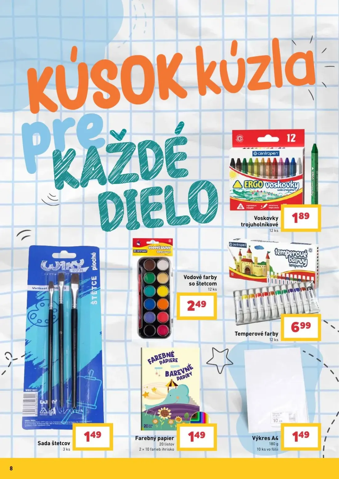 Billa leták, strana 8 z 25 — Voskovky trojuholníkové, Vodové farby so štetcom, Temperové farby