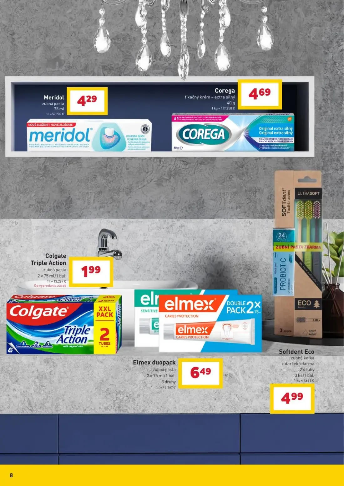 Billa leták, strana 8 z 11 — Meridol zubná pasta, Corega fixačný krém - extra silný, Colgate Triple Action zubná pasta