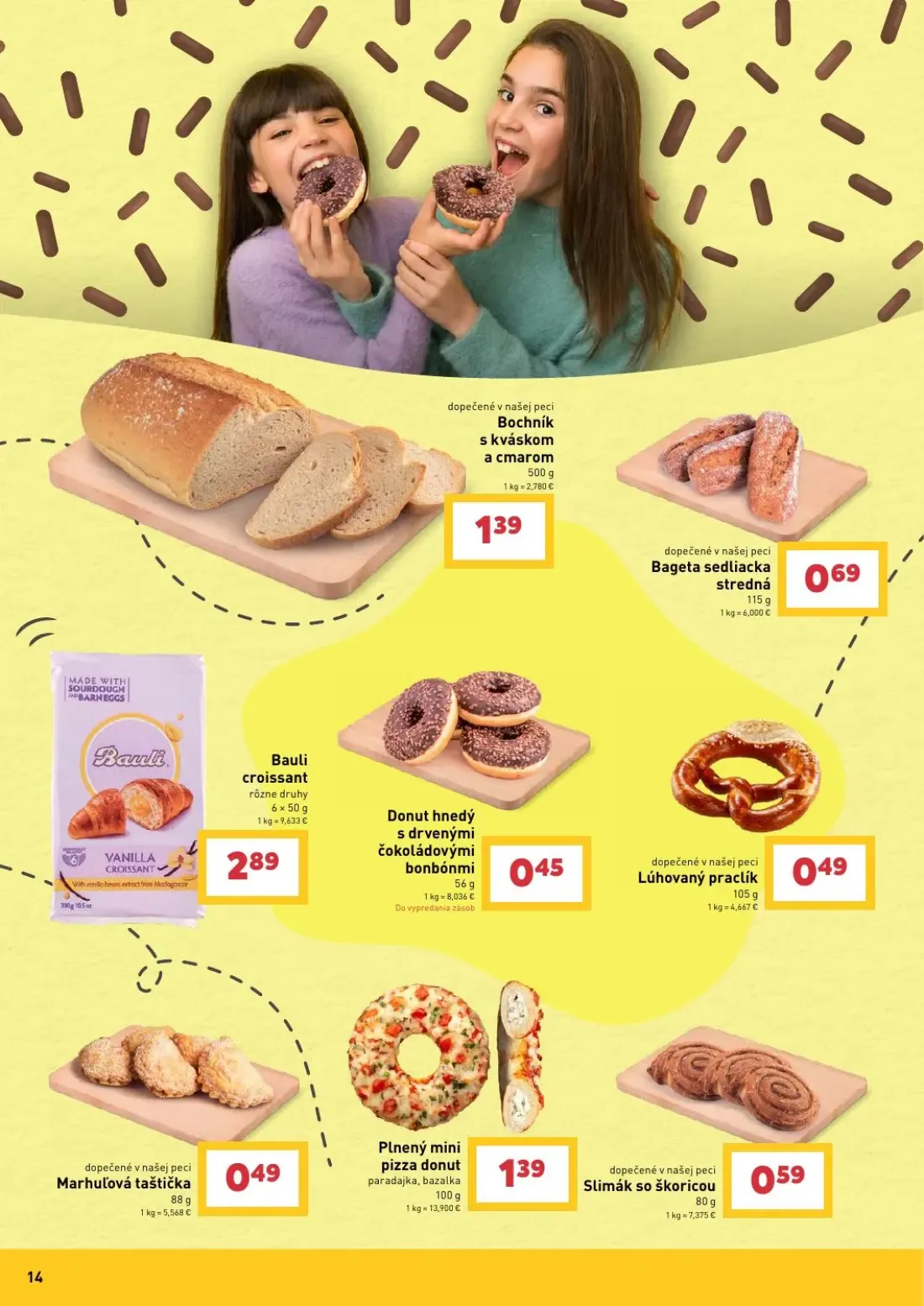 Billa leták, strana 14 z 25 — Bochník s kváskom a cmarom, Bageta sedliacka stredná, Bauli croissant