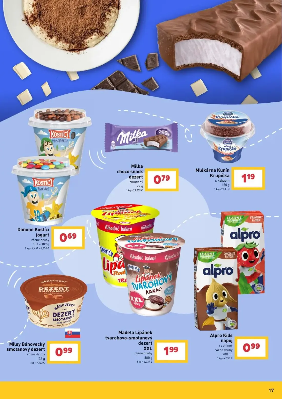 Billa leták, strana 17 z 25 — Milka choco snack dezert, Danone Kostíci jogurt, Mlékárna Kunín Krupička s kakaom