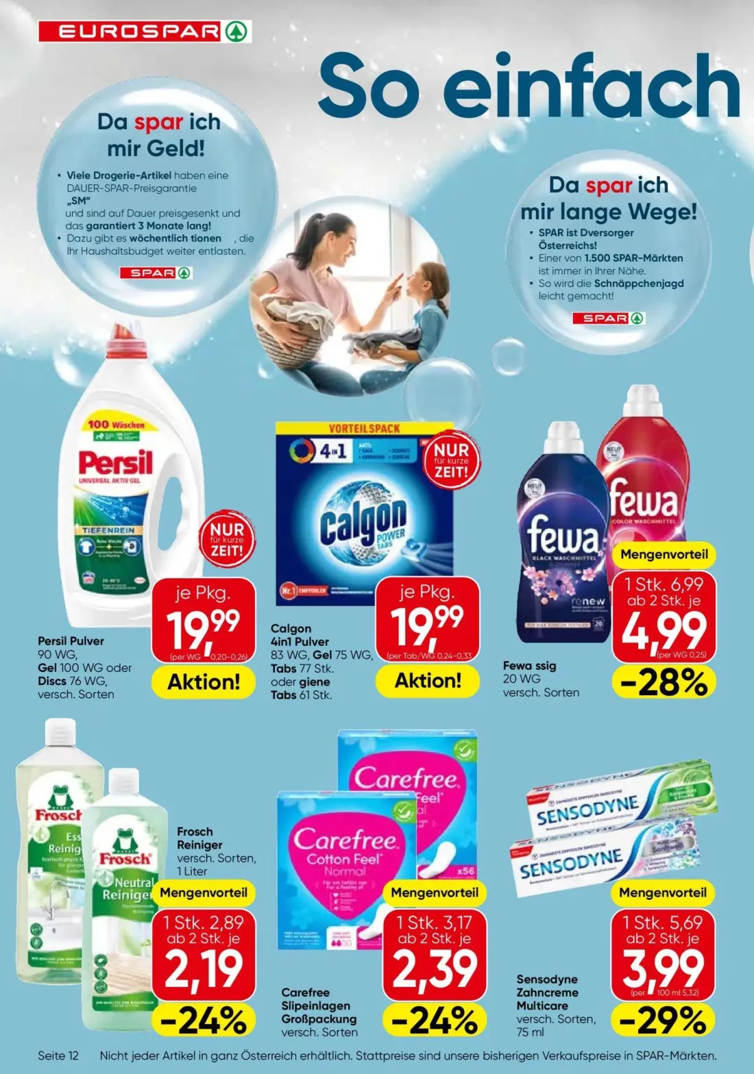 Eurospar Prospekt, Seite 12 von 16 — Fewa ssig, Sensodyne Zahncreme Multicare, Carefree Slipeinlagen Großpackung