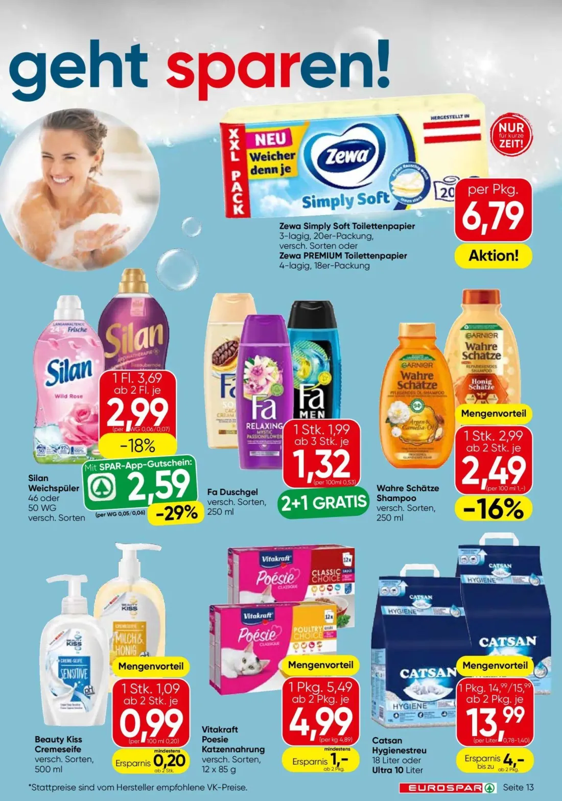 Eurospar Prospekt, Seite 13 von 16 — Silan Weichspüler, Catsan Hygienestreu, Fa Duschgel