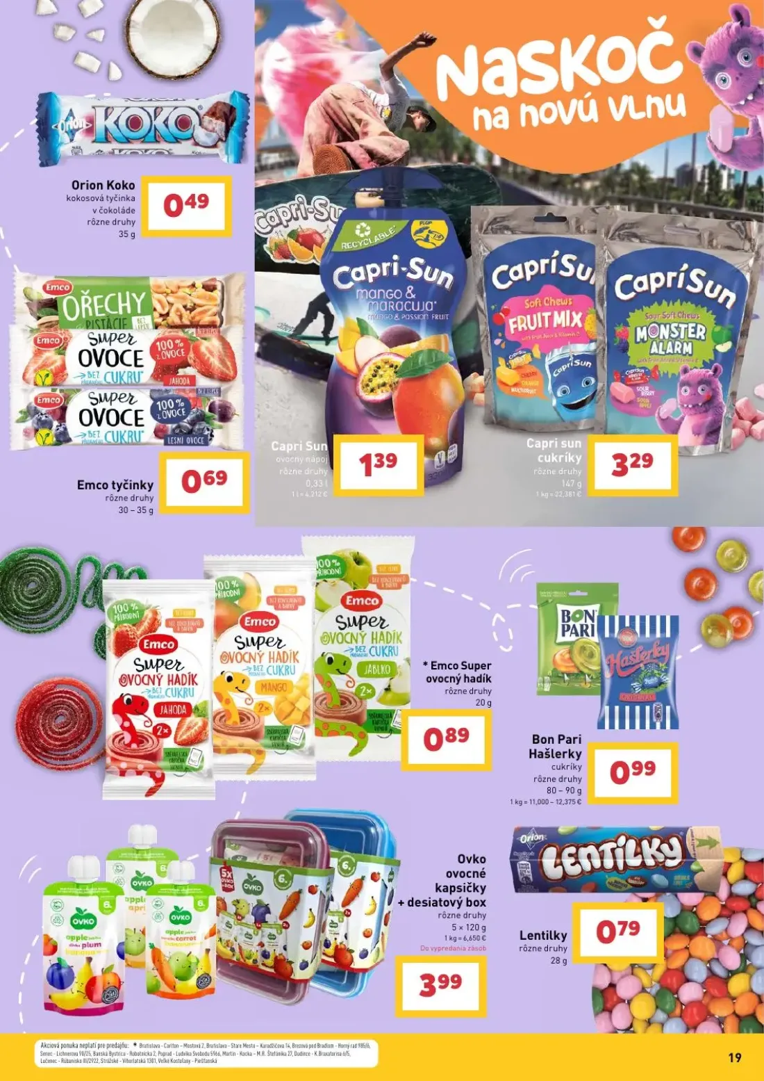 Billa leták, strana 19 z 25 — Orion Koko kokosová tyčinka v čokoláde, Emco tyčinky, Capri Sun ovocný nápoj