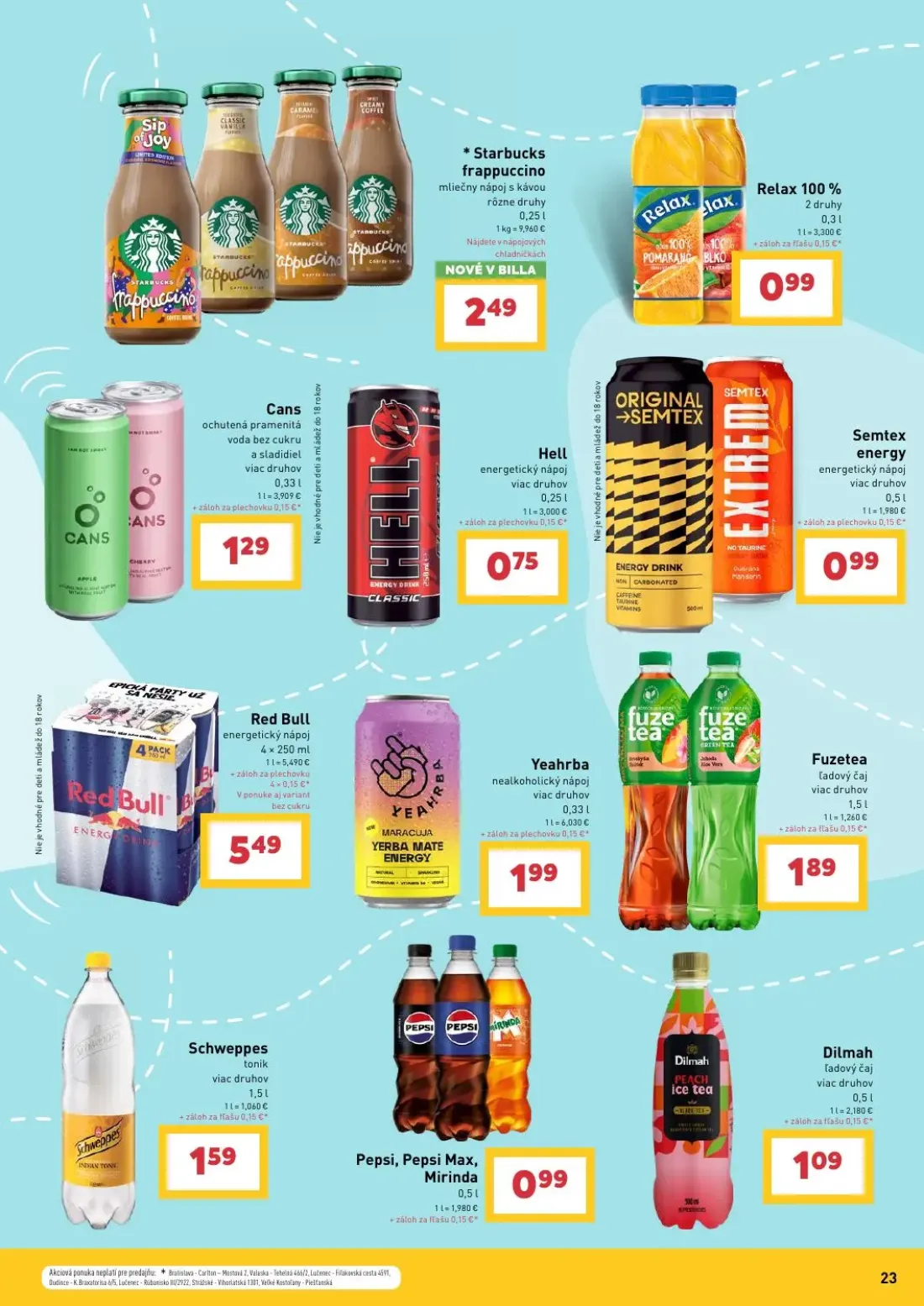 Billa leták, strana 23 z 25 — Starbucks frappuccino, Relax 100%, Cans