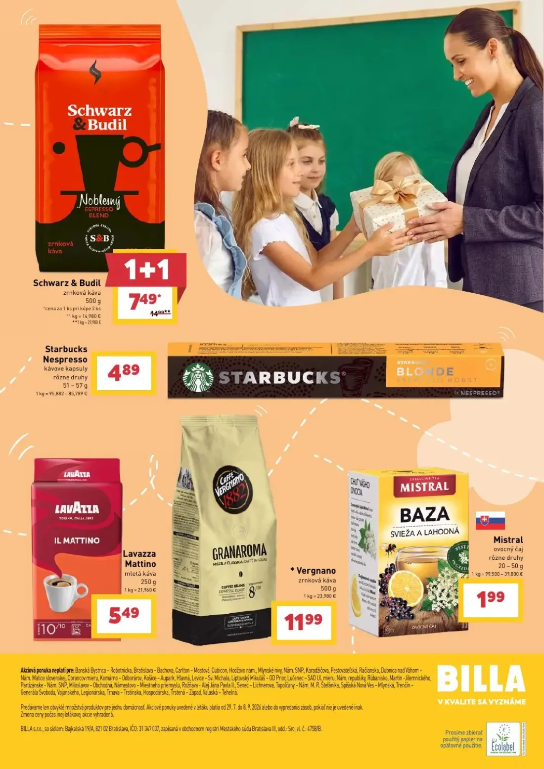 Billa leták, strana 25 z 25 — Schwarz & Budil zrnková káva, Starbucks Nespresso kávové kapsuly, Lavazza Mattino mletá káva