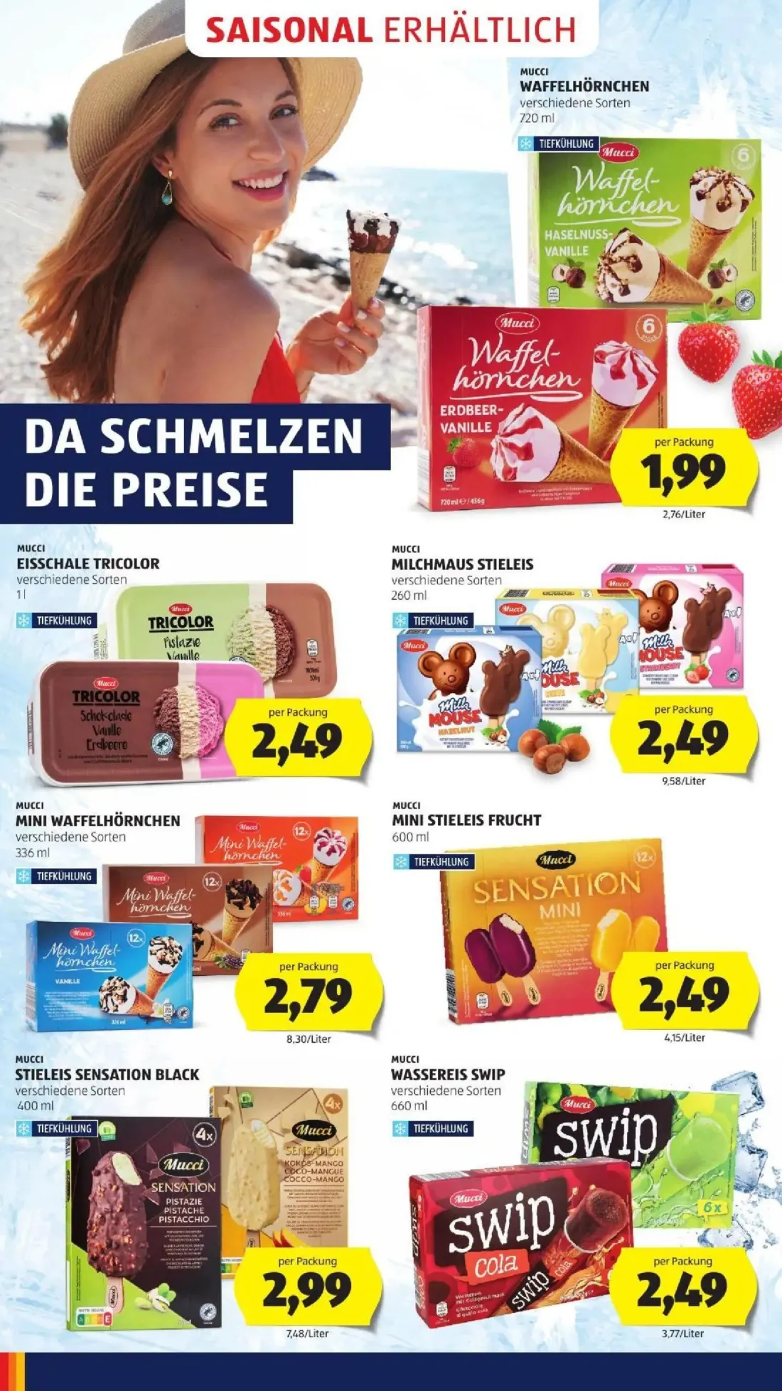 Hofer Prospekt, Seite 8 von 50 — WAFFELHÖRNCHEN, Waffel- hörnchen ERDBEER- VANILLE, EISSCHALE TRICOLOR