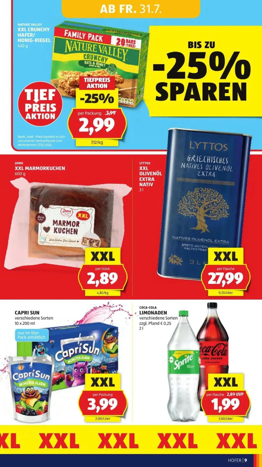 Hofer Prospekt, Seite 15 von 50 — NATURE VALLEY XXL CRUNCHY HAFER/HONIG-RIEGEL, COCA-COLA LIMONADEN verschiedene Sorten, JOM…