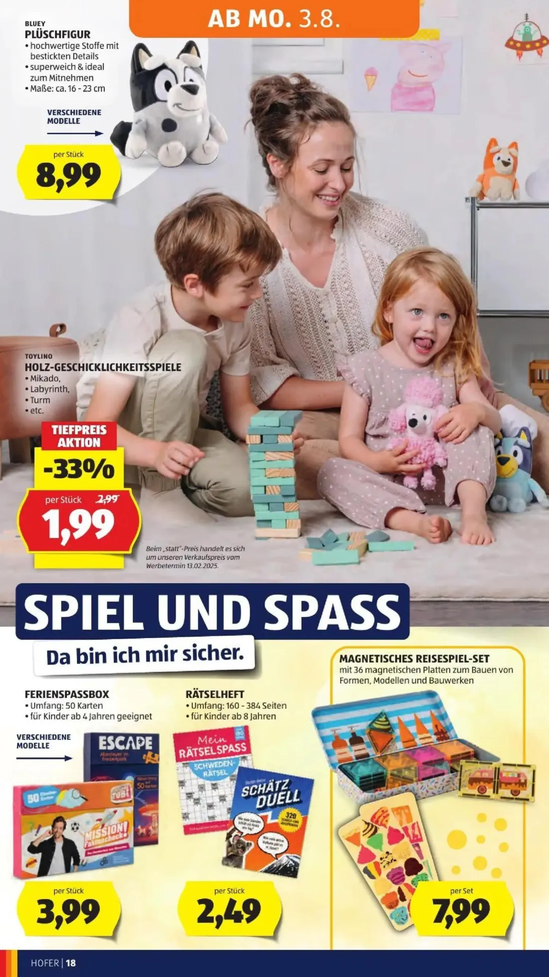 Hofer Prospekt, Seite 26 von 50 — HOLZ-GESCHICKLICHKEITSSPIELE, BLUEY PLÜSCHFIGUR, FERIENSPASSBOX