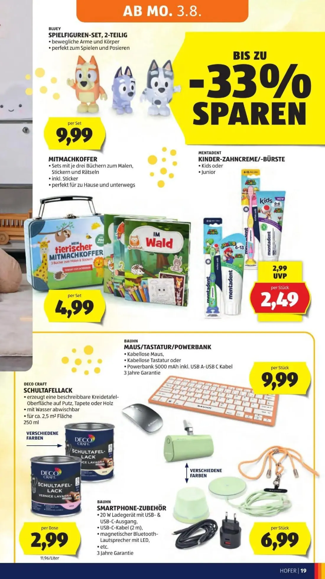Hofer Prospekt, Seite 27 von 50 — MENTADENT KINDER-ZAHNCREME/-BÜRSTE, BLUEY SPIELFIGUREN-SET, MITMACHKOFFER
