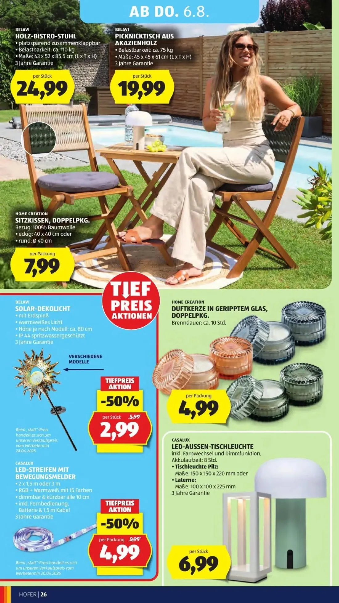 Hofer Prospekt, Seite 38 von 50 — LED-STREIFEN MIT BEWEGUNGSMELDER, SOLAR-DEKOLICHT, HOLZ-BISTRO-STUHL