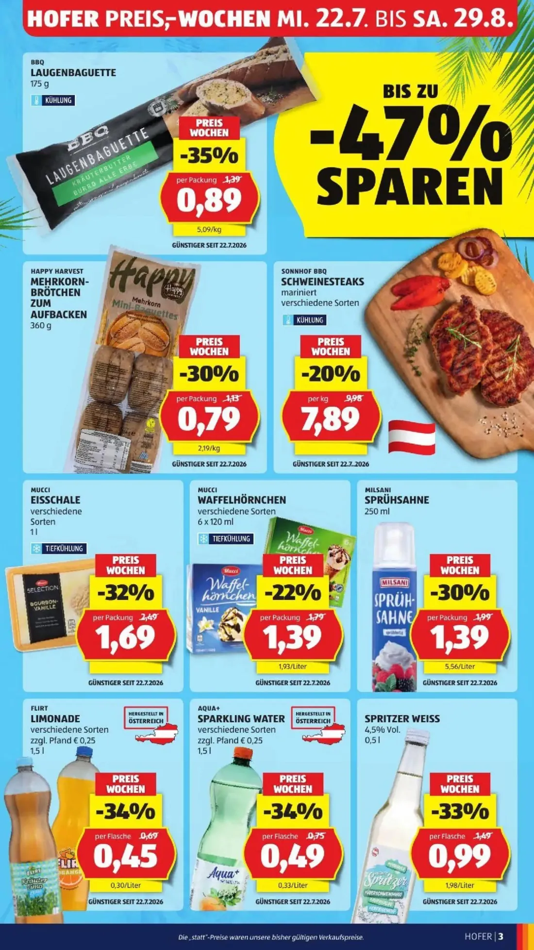 Hofer Prospekt, Seite 41 von 50 — SONNHOF BBQ SCHWEINESTEAKS mariniert, MUCCI EISSCHALE, MILSANI SPRÜHSAHNE