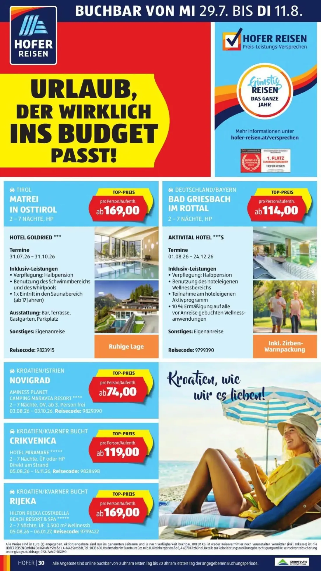 Hofer Prospekt, Seite 44 von 50 — HOTEL GOLDRIED *** 2-7 NÄCHTE, HP, AKTIVITAL HOTEL ***S 2-7 NÄCHTE, HP, AMINESS PLANET CAM…