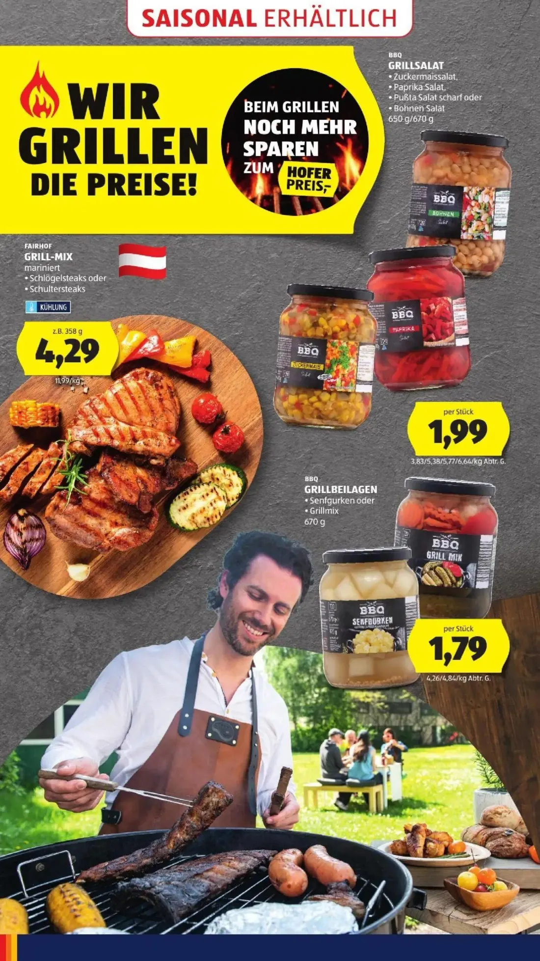 Hofer Prospekt, Seite 48 von 50 — FAIRHOF GRILL-MIX mariniert Schlögelsteaks oder Schultersteaks, BBQ GRILLSALAT Zuckermaiss…