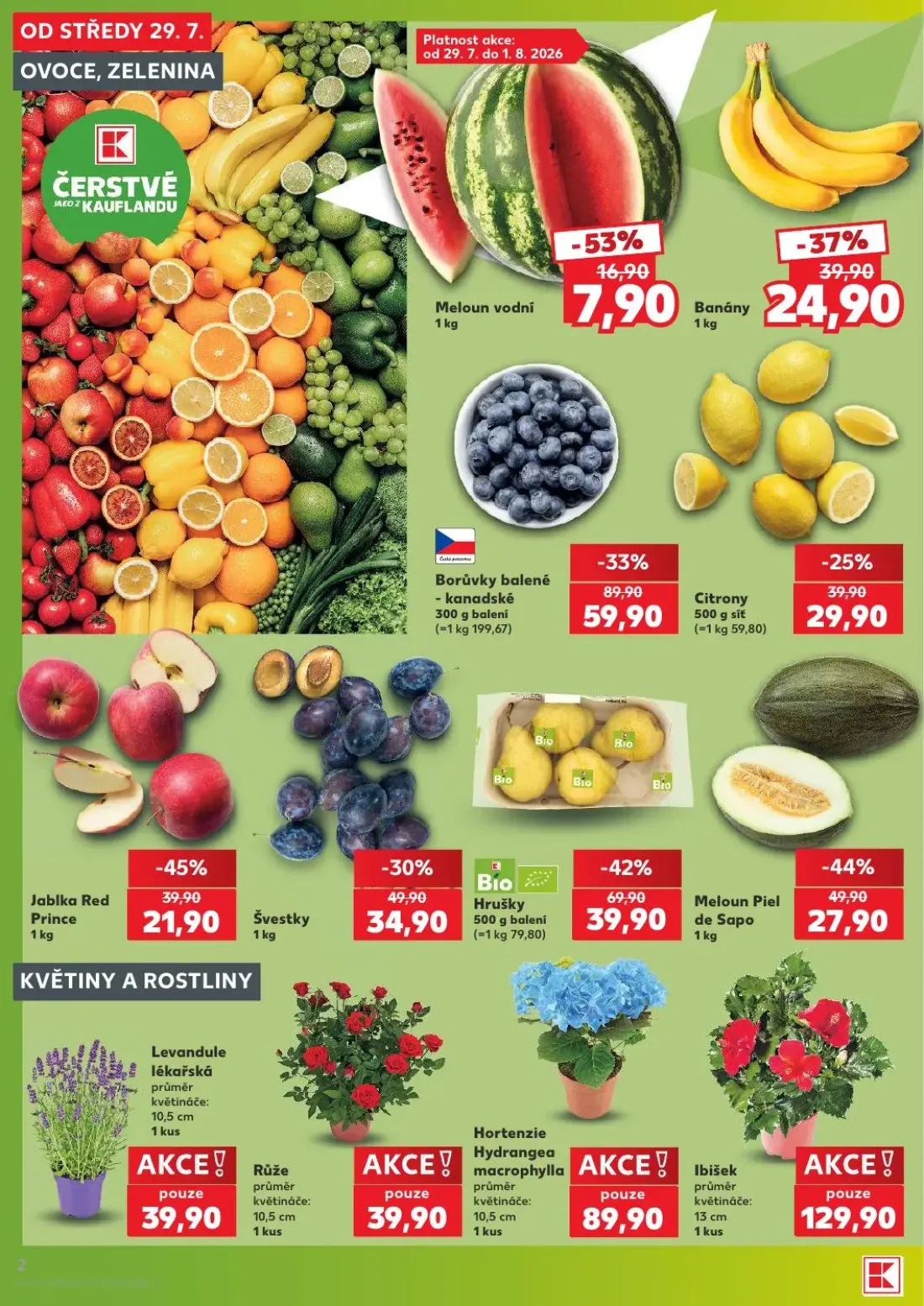 Kaufland leták, strana 2 z 54 — Borůvky balené - kanadské, Hrušky, Meloun Piel de Sapo