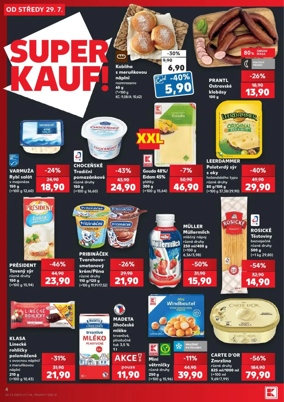 Kaufland leták, strana 4 z 54 — CARTE D'OR Zmrzlina, PRÉSIDENT Tavený sýr, LEERDAMMER Polotvrdý sýr s oky