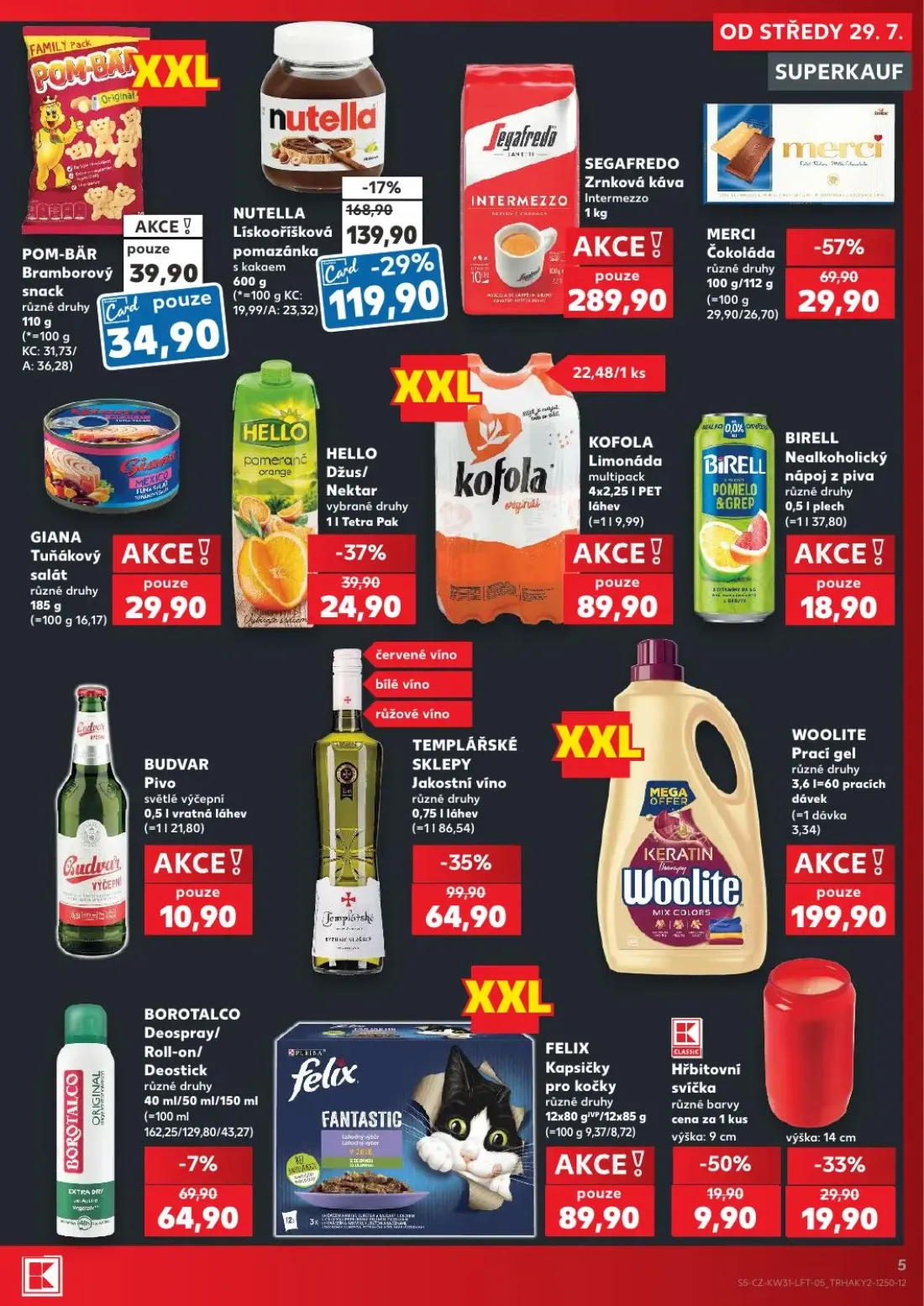 Kaufland leták, strana 5 z 54 — NUTELLA Lískooříšková pomazánka s kakaem, MERCI Čokoláda, TEMPLÁŘSKÉ SKLEPY Jakostní víno