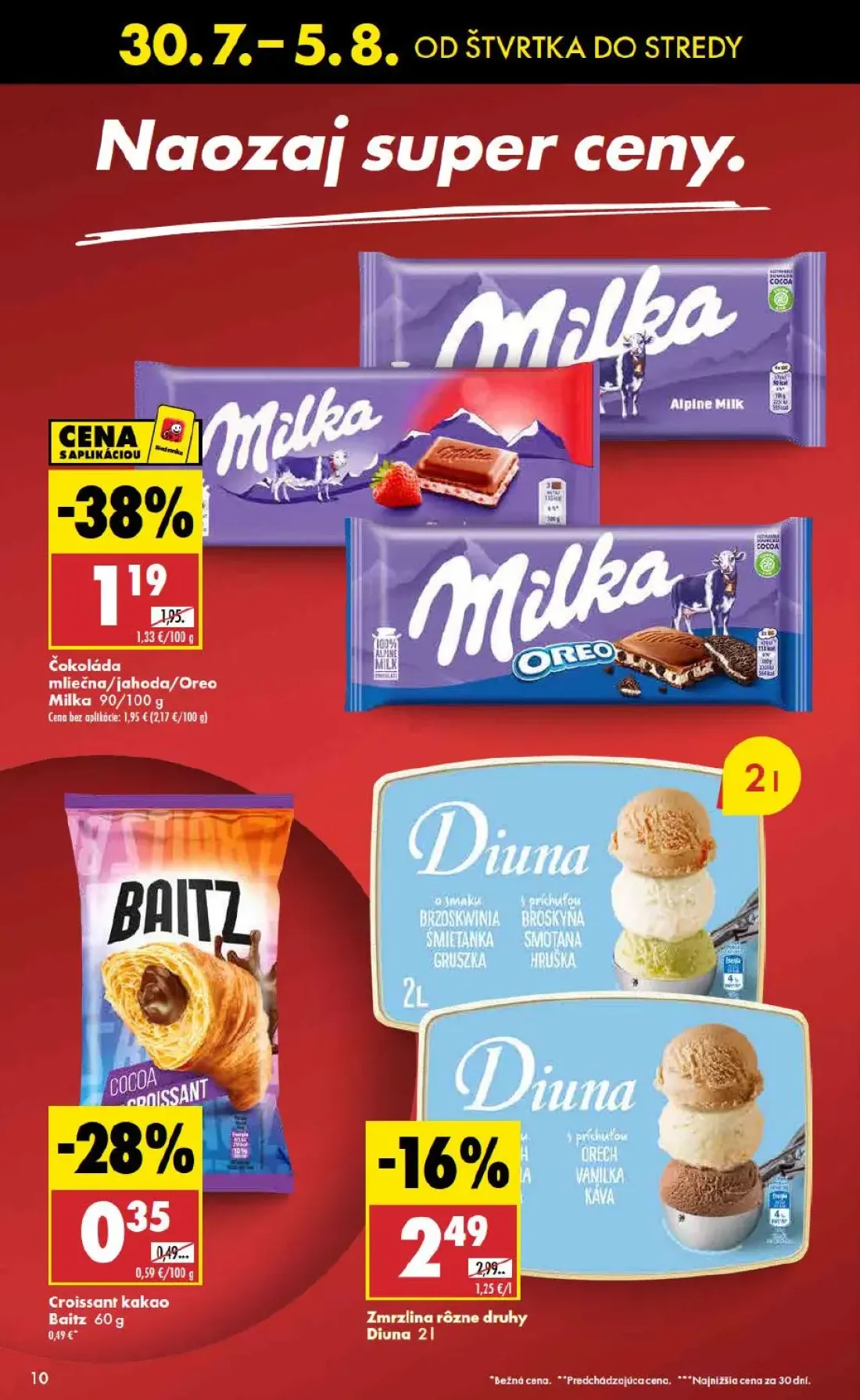 Biedronka leták, strana 10 z 48 — Čokoláda mliečna/jahoda/Oreo Milka, Zmrzlina Diuna, Croissant kakao Baitz