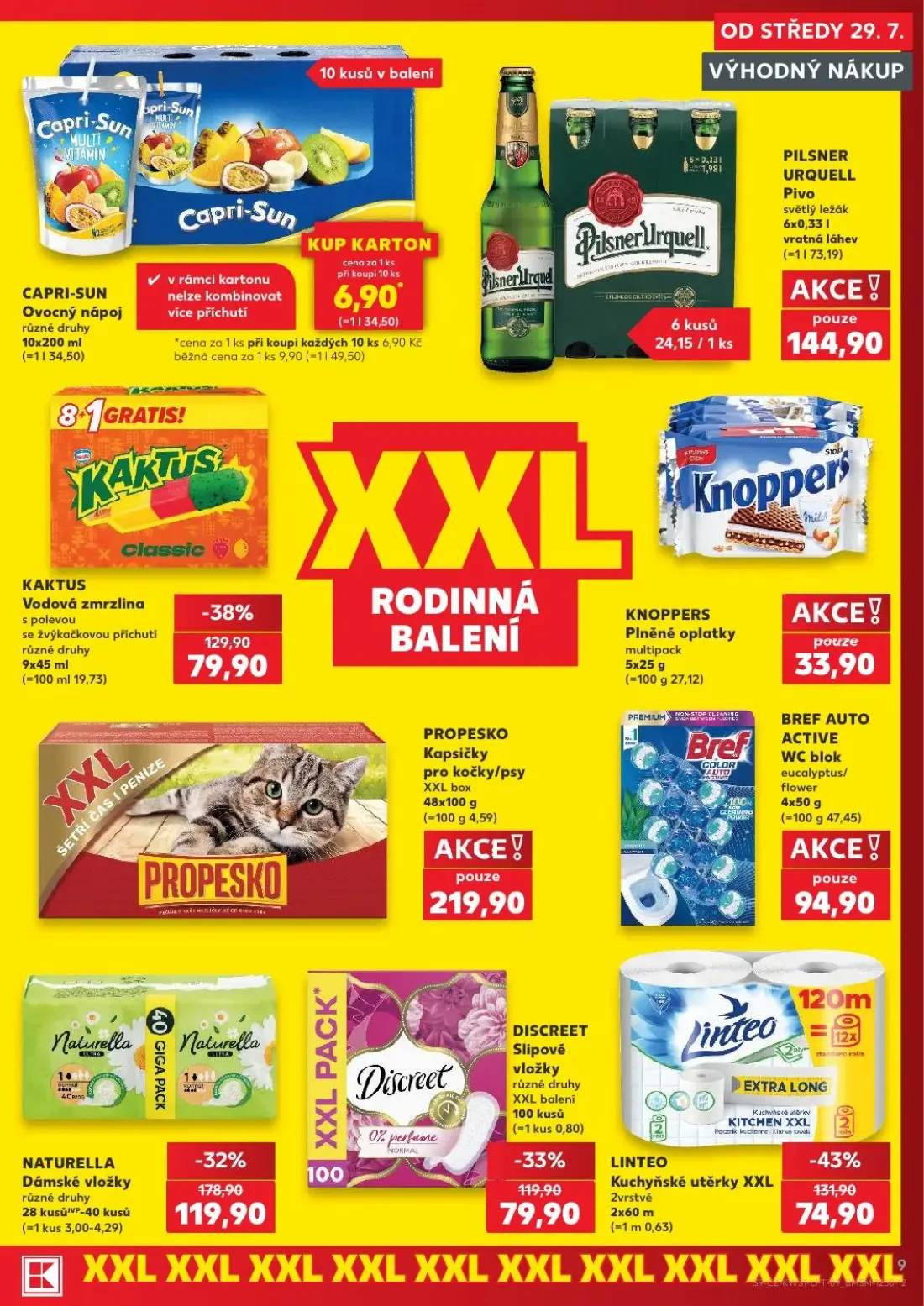 Kaufland leták, strana 9 z 54 — NATURELLA Dámské vložky, LINTEO Kuchyňské utěrky XXL 2vrstvé, KAKTUS Vodová zmrzlina s polev…