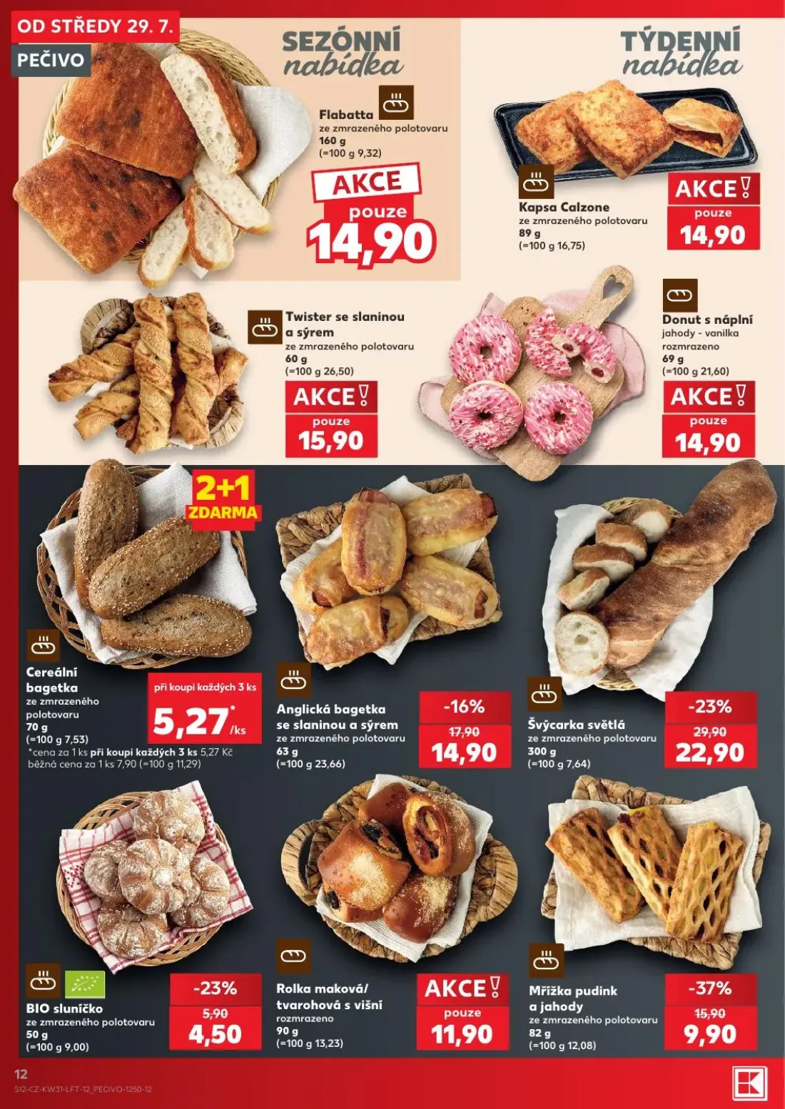 Kaufland leták, strana 12 z 54 — Švýcarka světlá, Mřížka pudink a jahody, Anglická bagetka se slaninou a sýrem