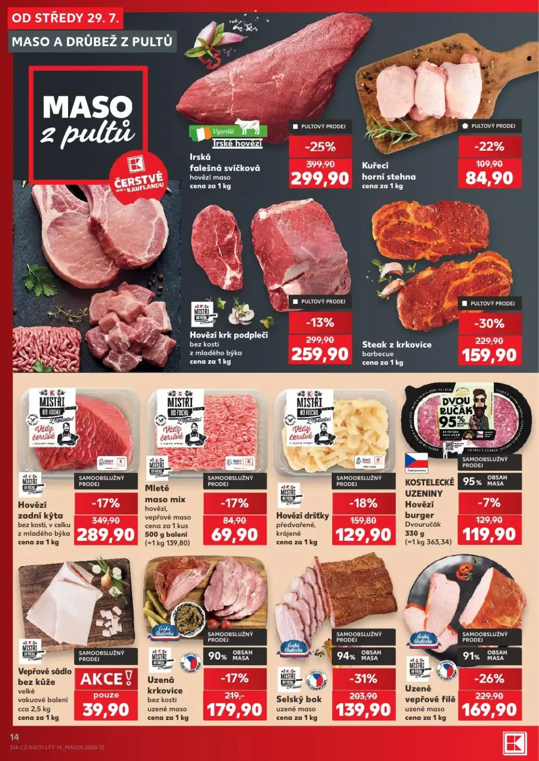 Kaufland leták, strana 14 z 54 — Irská falešná svíčková, Steak z krkovice barbecue, Selský bok