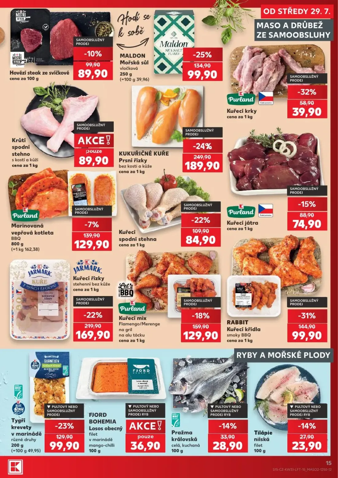 Kaufland leták, strana 15 z 54 — KUKUŘIČNÉ KUŘE Prsní řízky, Kuřecí řízky stehenní bez kůže, RABBIT Kuřecí křídla smoky BBQ
